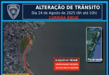 Imagem mostra um mapa da região continental de Florianópolis. A Avenida Beira-mar Continental aparece destacada em vermelho, indicando todo o percurso reservado para os atletas durante a Corrida Engie. A linha vermelha percorre a extensão da via, próxima ao mar, evidenciando o trajeto na área central do continente. O mapa também mostra ruas próximas, bairros vizinhos e pontos de referência urbanos.