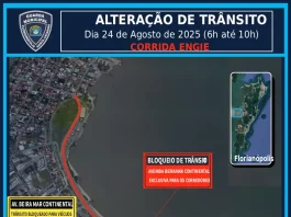 Imagem mostra um mapa da região continental de Florianópolis. A Avenida Beira-mar Continental aparece destacada em vermelho, indicando todo o percurso reservado para os atletas durante a Corrida Engie. A linha vermelha percorre a extensão da via, próxima ao mar, evidenciando o trajeto na área central do continente. O mapa também mostra ruas próximas, bairros vizinhos e pontos de referência urbanos.