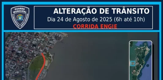 Imagem mostra um mapa da região continental de Florianópolis. A Avenida Beira-mar Continental aparece destacada em vermelho, indicando todo o percurso reservado para os atletas durante a Corrida Engie. A linha vermelha percorre a extensão da via, próxima ao mar, evidenciando o trajeto na área central do continente. O mapa também mostra ruas próximas, bairros vizinhos e pontos de referência urbanos.
