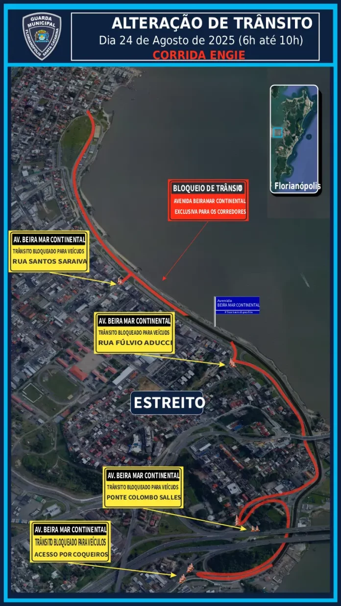 Imagem mostra um mapa da região continental de Florianópolis. A Avenida Beira-mar Continental aparece destacada em vermelho, indicando todo o percurso reservado para os atletas durante a Corrida Engie. A linha vermelha percorre a extensão da via, próxima ao mar, evidenciando o trajeto na área central do continente. O mapa também mostra ruas próximas, bairros vizinhos e pontos de referência urbanos.