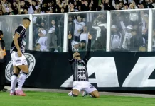 Jogadores do Figueirense comemoram juntos no campo após vitória que garantiu a permanência na série C