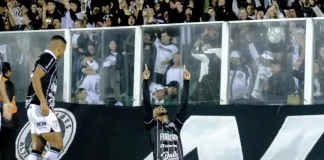Jogadores do Figueirense comemoram juntos no campo após vitória que garantiu a permanência na série C
