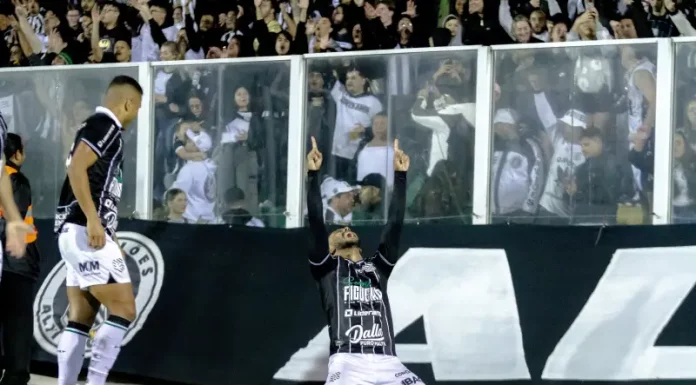 Jogadores do Figueirense comemoram juntos no campo após vitória que garantiu a permanência na série C
