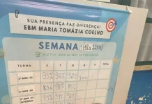Menina agachada marca sua presença em um quadro azul. Ela parece concentrada e segura um marcador na mão.