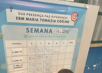 Menina agachada marca sua presença em um quadro azul. Ela parece concentrada e segura um marcador na mão.