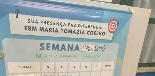 Menina agachada marca sua presença em um quadro azul. Ela parece concentrada e segura um marcador na mão.