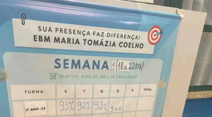 Menina agachada marca sua presença em um quadro azul. Ela parece concentrada e segura um marcador na mão.