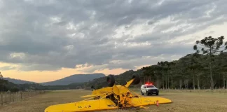 Avião de pequeno porte, na cor amarela, está virado de cabeça para baixo em um campo de vegetação baixa. Ao lado da aeronave, há um carro da polícia estacionado, com as luzes de emergência ligadas