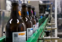 Linha de engarrafamento em cervejaria moderna, ilustrando o crescimento e a liderança de Santa Catarina na abertura de novas cervejarias.