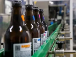 Santa Catarina é líder na abertura de novas cervejarias Linha de engarrafamento em cervejaria moderna, ilustrando o crescimento e a liderança de Santa Catarina na abertura de novas cervejarias.