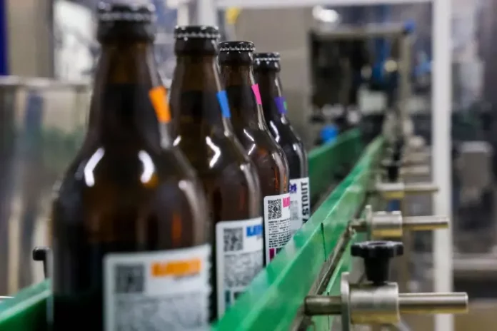 Linha de engarrafamento em cervejaria moderna, ilustrando o crescimento e a liderança de Santa Catarina na abertura de novas cervejarias.