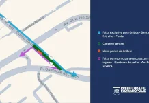 Mapa do Estreito, em Florianópolis. A faixa exclusiva para ônibus aparece em azul, no lado esquerdo da Rua General Eurico Gaspar Dutra. O canteiro central, em verde, separa as faixas. O novo ponto de ônibus, em laranja, fica sobre o canteiro. A faixa de retorno, em mão inglesa, aparece em rosa e liga a Rua Quatorze de Julho à Avenida Governador Ivo Silveira.
