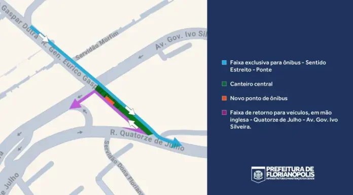 Mapa do Estreito, em Florianópolis. A faixa exclusiva para ônibus aparece em azul, no lado esquerdo da Rua General Eurico Gaspar Dutra. O canteiro central, em verde, separa as faixas. O novo ponto de ônibus, em laranja, fica sobre o canteiro. A faixa de retorno, em mão inglesa, aparece em rosa e liga a Rua Quatorze de Julho à Avenida Governador Ivo Silveira.