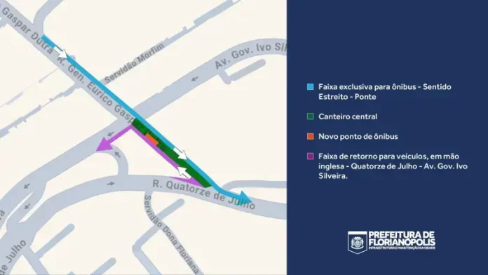 Mapa do Estreito, em Florianópolis. A faixa exclusiva para ônibus aparece em azul, no lado esquerdo da Rua General Eurico Gaspar Dutra. O canteiro central, em verde, separa as faixas. O novo ponto de ônibus, em laranja, fica sobre o canteiro. A faixa de retorno, em mão inglesa, aparece em rosa e liga a Rua Quatorze de Julho à Avenida Governador Ivo Silveira.
