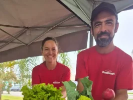 Casal de agricultores usando camisetas vermelhas atende clientes atrás do balcão da feira orgânica em São José. Na frente, há uma variedade de produtos frescos e naturais, como alface, repolho roxo, repolho verde, cenoura, batata-doce, rabanete e banana, destacando a diversidade da agricultura familiar local.