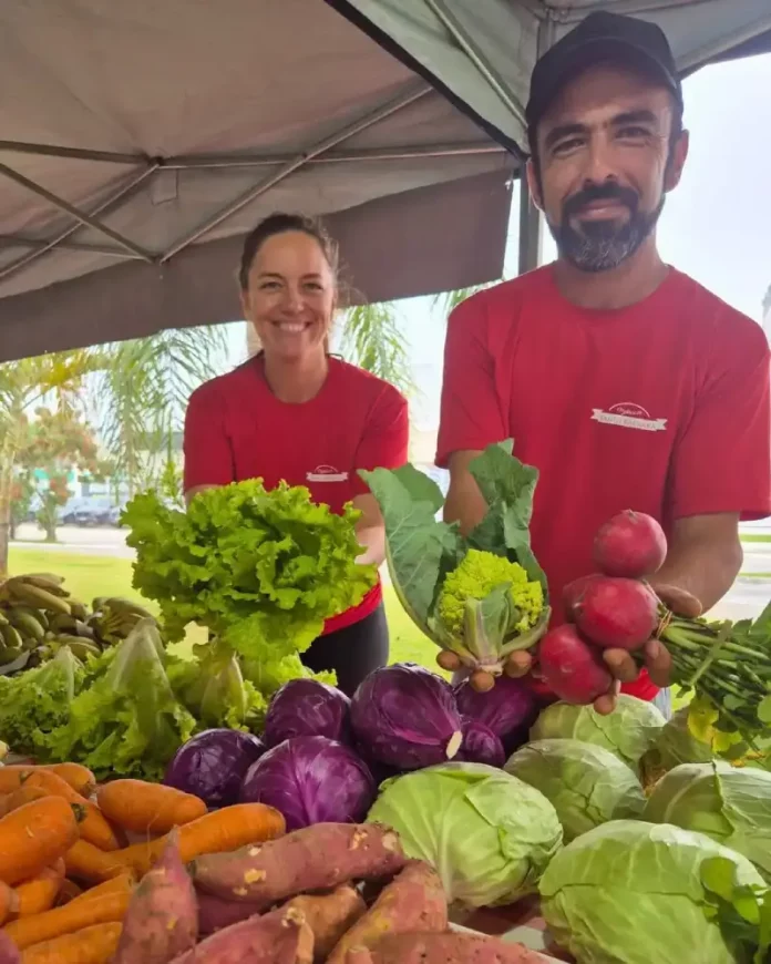 Casal de agricultores usando camisetas vermelhas atende clientes atrás do balcão da feira orgânica em São José. Na frente, há uma variedade de produtos frescos e naturais, como alface, repolho roxo, repolho verde, cenoura, batata-doce, rabanete e banana, destacando a diversidade da agricultura familiar local.