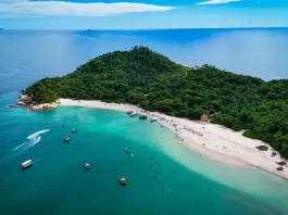 Foto aérea mostra a Ilha do Campeche cercada pelo mar azul. Pequenos barcos estão próximos à costa, enquanto pessoas aproveitam o dia na areia clara da praia. A vegetação verde cobre boa parte da ilha, destacando sua beleza natural.