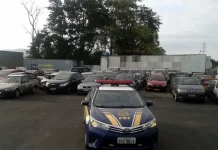 A imagem mostra, em primeiro plano, uma viatura azul da Polícia Rodoviária Federal (PRF) com faixas amarelas nas laterais. No capô, destaca-se o símbolo oficial da PRF. Ao fundo, vários carros apreendidos estão alinhados e estacionados lado a lado em um pátio aberto. O ambiente é externo, sob luz natural, e o pátio possui piso de concreto.