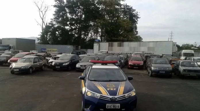 A imagem mostra, em primeiro plano, uma viatura azul da Polícia Rodoviária Federal (PRF) com faixas amarelas nas laterais. No capô, destaca-se o símbolo oficial da PRF. Ao fundo, vários carros apreendidos estão alinhados e estacionados lado a lado em um pátio aberto. O ambiente é externo, sob luz natural, e o pátio possui piso de concreto.
