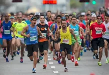 Atletas competindo na Maratona Internacional de Floripa, correndo pelo trajeto nas ruas de Florianópolis, durante as provas de 21km e 42km