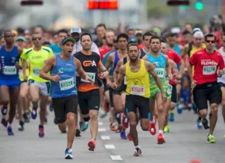 Atletas competindo na Maratona Internacional de Floripa, correndo pelo trajeto nas ruas de Florianópolis, durante as provas de 21km e 42km