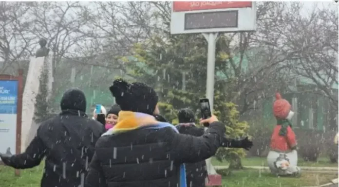 Pessoas vestidas com casacos grossos e roupas de inverno observam a neve caindo. Elas estão de pé, voltadas para a paisagem, enquanto os flocos descem suavemente do céu. O clima transmite frio e encantamento