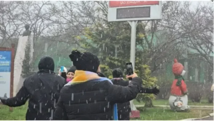 Pessoas vestidas com casacos grossos e roupas de inverno observam a neve caindo. Elas estão de pé, voltadas para a paisagem, enquanto os flocos descem suavemente do céu. O clima transmite frio e encantamento