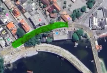 Imagem de um mapa da região da Lagoa da Conceição, em Florianópolis. O destaque em verde marca o trecho da rua Henrique Veras do Nascimento que será interditado. Esse ponto fica entre a nova ponte da Lagoa e o Supermercado do Chico. As demais ruas ao redor aparecem no mapa, mas sem destaque