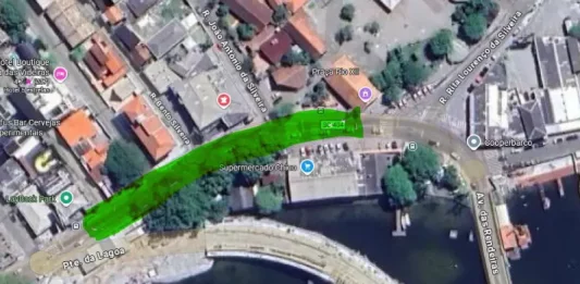 Imagem de um mapa da região da Lagoa da Conceição, em Florianópolis. O destaque em verde marca o trecho da rua Henrique Veras do Nascimento que será interditado. Esse ponto fica entre a nova ponte da Lagoa e o Supermercado do Chico. As demais ruas ao redor aparecem no mapa, mas sem destaque