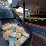 Mala repleta de cédulas apreendida pela PRF durante fiscalização na BR-282, em Rancho Queimado.