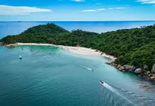 Vista aérea da Ilha do Campeche mostrando áreas de preservação ambiental e paisagística.