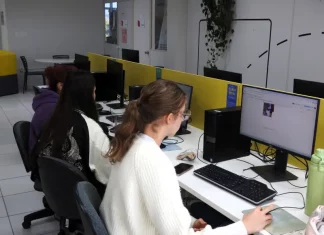 Alunas da UDESC estudam em computadores em sala de aula, durante atividade acadêmica