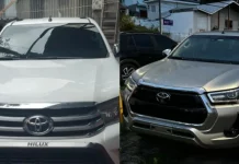 Duas caminhonetes Toyota Hilux recuperadas pela Guarda Municipal após operação conjunta na Grande Florianópolis.