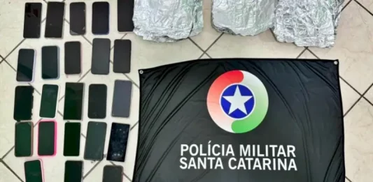 Celulares furtados durante show na Capital, apreendidos pela polícia e exibidos sobre uma superfície.