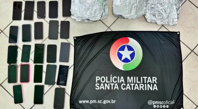 Celulares furtados durante show na Capital, apreendidos pela polícia e exibidos sobre uma superfície.