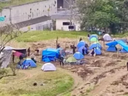 Grupo de pessoas monta barracas nos terrenos da União durante invasão no bairro Bela Vista, em São José.