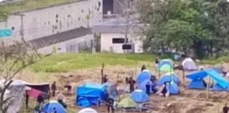 Grupo de pessoas monta barracas nos terrenos da União durante invasão no bairro Bela Vista, em São José.