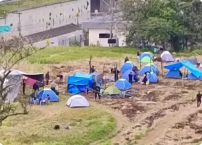 Grupo de pessoas monta barracas nos terrenos da União durante invasão no bairro Bela Vista, em São José.