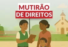 Imagem de uma mãe com criança sendo atendida pela Defensoria Pública, representando o Mutirão da Cidadania.