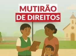 Imagem de uma mãe com criança sendo atendida pela Defensoria Pública, representando o Mutirão da Cidadania.