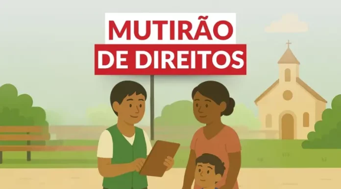 Imagem de uma mãe com criança sendo atendida pela Defensoria Pública, representando o Mutirão da Cidadania.