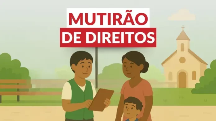 Imagem de uma mãe com criança sendo atendida pela Defensoria Pública, representando o Mutirão da Cidadania.