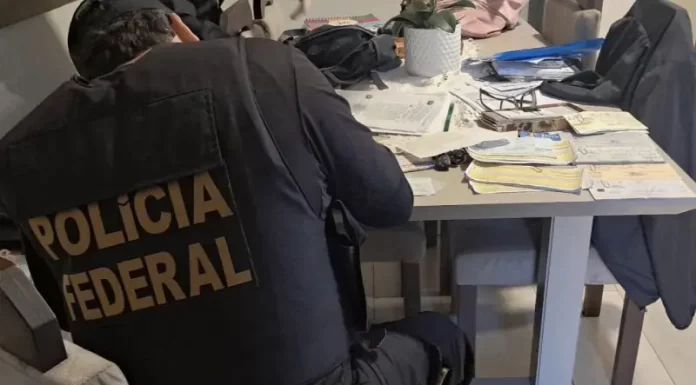 Agente da Polícia Federal analisando documentos durante cumprimento de mandado de busca na Operação Alea, em Santa Catarina.