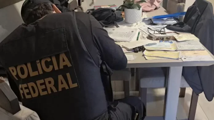 Agente da Polícia Federal analisando documentos durante cumprimento de mandado de busca na Operação Alea, em Santa Catarina.
