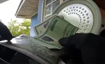 Mãos de policial federal segurando documentos apreendidos durante operação que investiga fraude bancária.