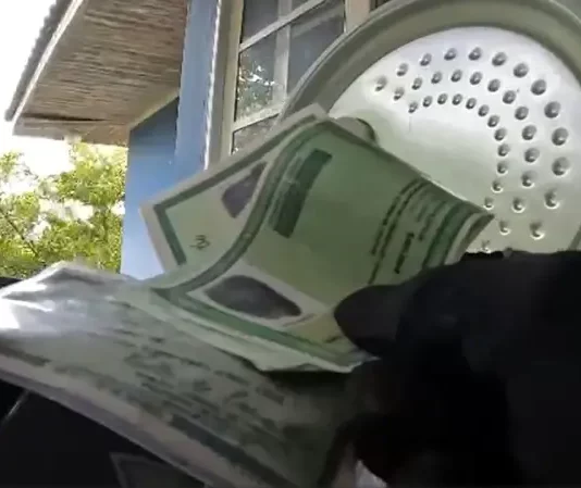 Mãos de policial federal segurando documentos apreendidos durante operação que investiga fraude bancária.
