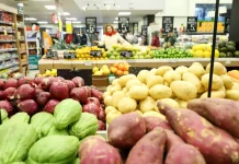 Clientes fazem compras em supermercado movimentado em Santa Catarina, refletindo o crescimento de 7,2% nas vendas no estado no primeiro semestre de 2025