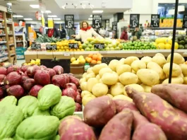 Clientes fazem compras em supermercado movimentado em Santa Catarina, refletindo o crescimento de 7,2% nas vendas no estado no primeiro semestre de 2025