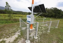 Estação hidrometeorológica instalada em Palhoça, utilizada para monitorar dados sobre chuvas, ventos e outros fatores relacionados a eventos climáticos, contribuindo para a prevenção de desastres em Santa Catarina.