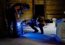 Imagem mostra peritos da Polícia Científica analisando uma cena de crime, destacando o trabalho técnico que apoia investigações e reforça a segurança pública.